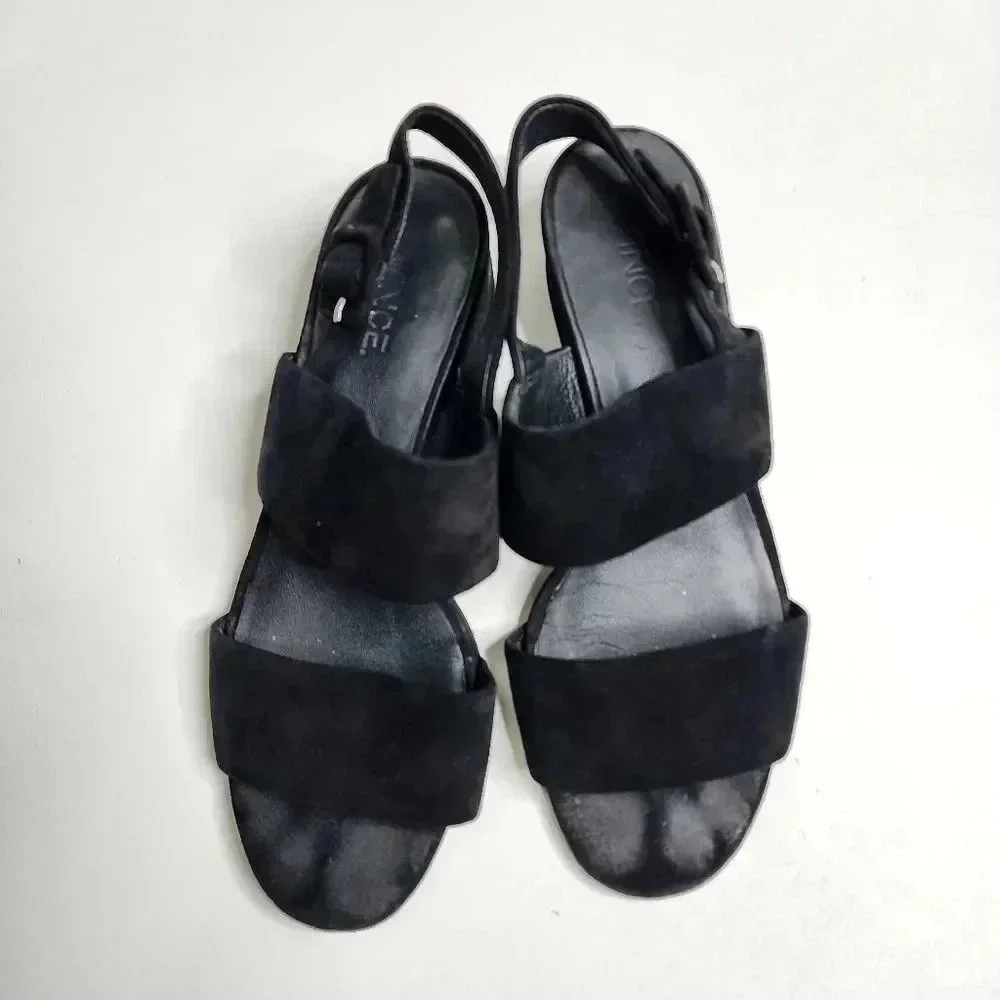 VINCE RENA Sandals Black Suede Block Heel Leather Strappy Size 7‎ Shoes